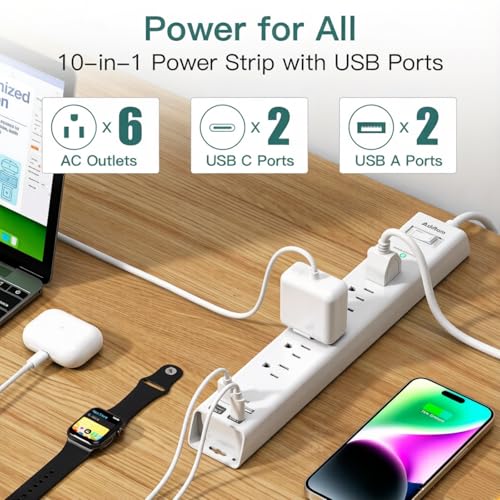 Image of Addtam 5ft Power Strip Surge Protector, 6 Outlets and 4 USB Ports (2 USB C)