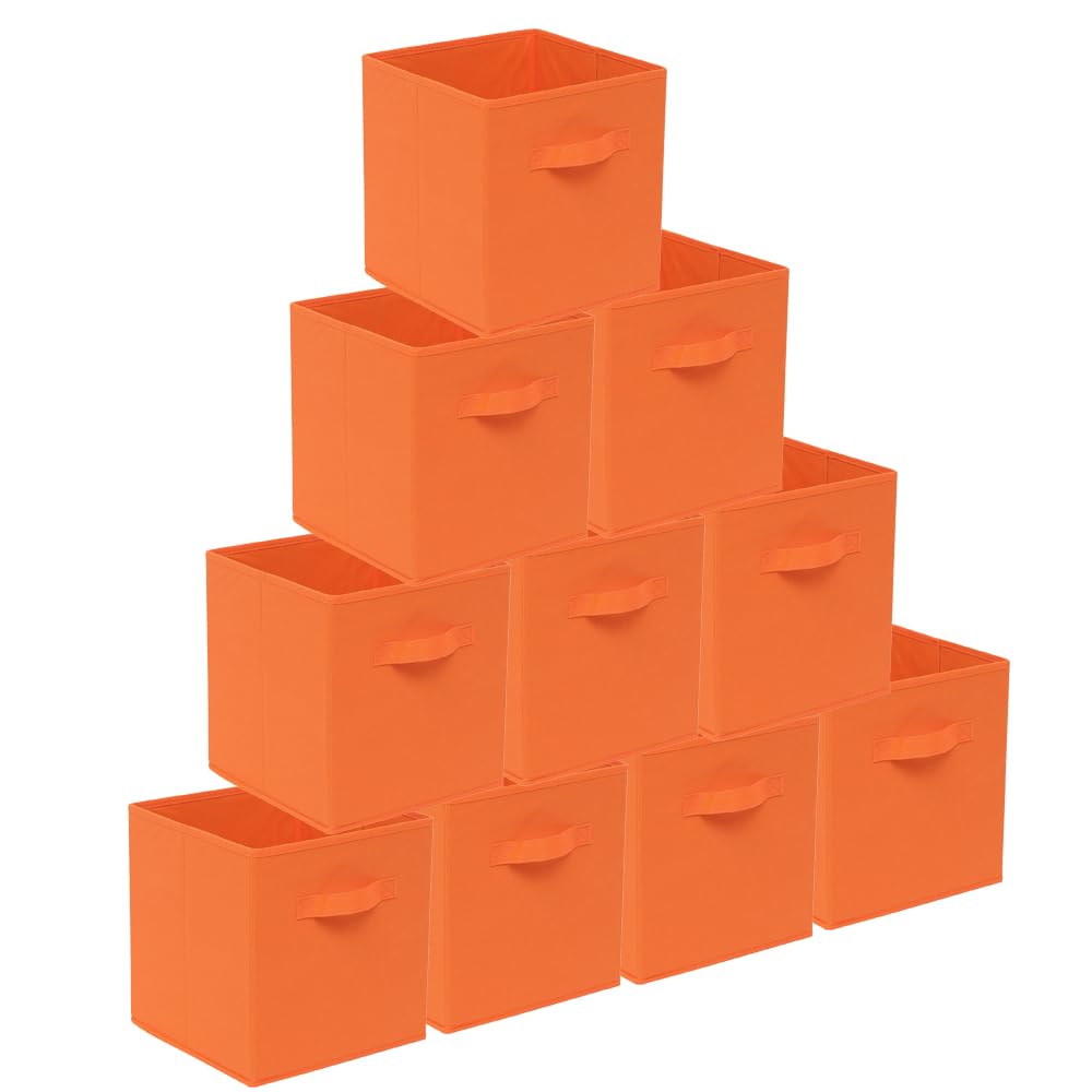 BonChoice Foldable Storage Cubes Boxes Pack of 10 with Handle for Home Organization, Fabric Wardrobe Storage Box Organizer Basket Bins for Toys, Collapsible&Durable (10, Orange, 26.5x26.5x28cm) — image 1