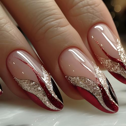 Red Gold French Tips Press on Nails Almond Medium Fake Nails with...