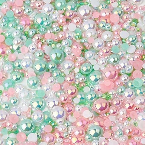 TANOSII 56g Flatback Pearls and Rhinestones 3mm-10mm Mix Half Round Pearls Resin Rhinestones for Crafts 1700PCS for DIY Nail Face Art Crafts Jewelry Decoration Green Pink Cover