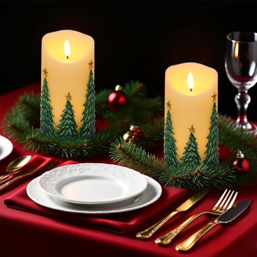 Image of Christmas Tree Flameless Flickering Candles Battery Operated with 6H Timer 3D Wick LED Pillar Candles Real Wax Hand-Painted Dinner Holiday Christmas Indoor Decoration(2 Pack, 3 inch D x 5.7 inch H)