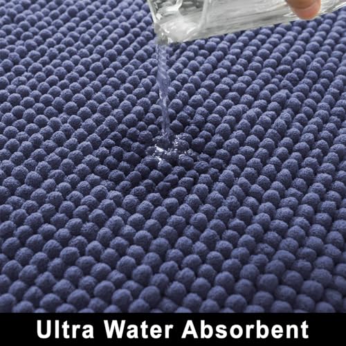 Image of LUXEHOME International Microfibre Chenille Contour Bath Mat Set for Bathroom, Anti Slip Super Absorbent Quick Dry Washable Bathroom Mats, Solid (Navy 45x75cm & 47x47cm) Pack of 2