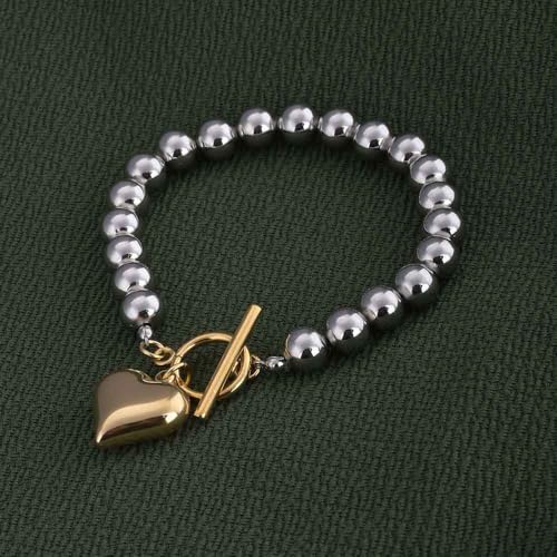 Image of PALMONAS 18k Multi Tone Plated Silver Bead Bracelet with Gold Heart Charm for Womens | Gifts for Girlfriend, Gifts for Women and Girls |
