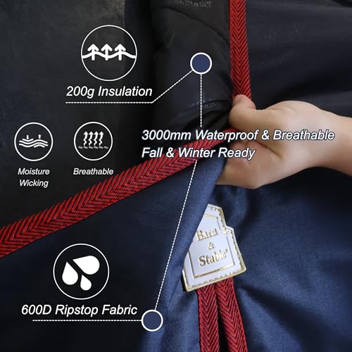 Image of BARN & STABLE 600Denier 3000mm /3000mvp Super Waterproof & Breathable Horse Blankets for Winter with 200g Fill