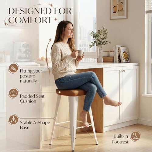 Image of Yongchuang Backless Bar Stools Set of 4, 24 inch Brown PU Leather Barstools | Modern Farmhouse Upholstered Bar Height Stools with White Metal Legs for Kitchen Island, Dining Room, Home Bar
