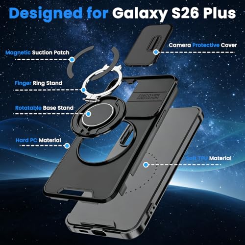 Image of ZORBES Compatible with Galaxy S26 Plus, S26 Plus Case with Military Grade Shockproof Rugged, Magnetic Desk Ring Anti-Scratch PC Phone Case with TPU Bumper, Sliding Lens Guards