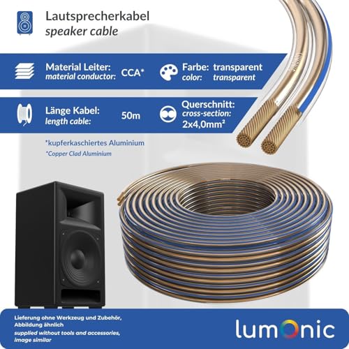 Cables de altavoz de 50m Lumonic transparente 2x4mm² CCA biconductor de audio 2