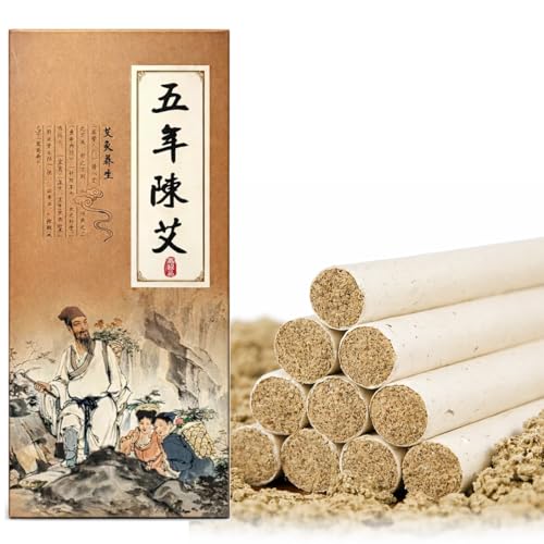 5-Year Aged Mugwort 30:1 Moxa Rolls 10 Handmade Moxibustion Sticks Stone-Milled Hand-Rolled Long Burning Moxa for Waist Neck Knee Back Acupoint Care Ai Jiu