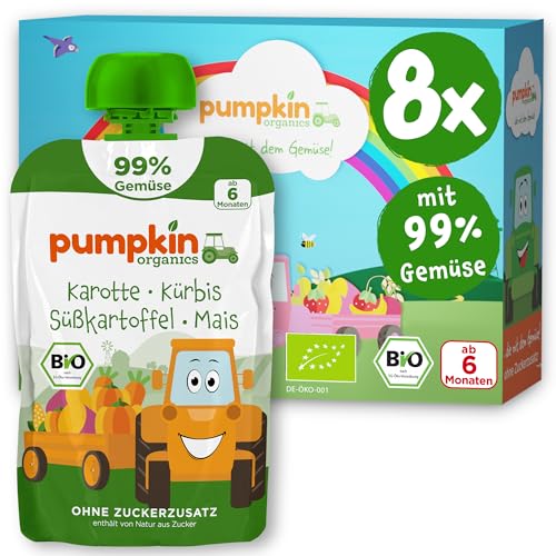 Pumpkin Organics Bio Gemüse-Quetschies 99% Gemüse - 8er Pack Karotte Kürbis Süßkartoffel Mais - ohne Zuckerzusatz - ab 6 Monaten - als Snack oder Beikost für unterwegs - (8x100g)