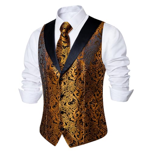 Image of DiBanGu Mens Paisley Suit Vest Silk Jacquard Waistcoat and Necktie Set Formal Shawl Collar Dress Vest 7PCS for Wedding Party