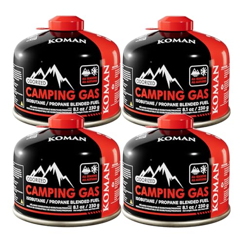 KOMAN Isobutane Fuel Canister 230 Gram Camping Stove Fuel Butane Propane Blend Camping Fuel Gas Canister Backpacking Fuel Light-Weight Compact Camping Fuel (4 Pack)