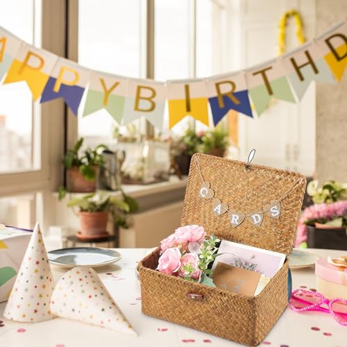 Image of Geelin Sea Grass Wedding Card Basket With Letter Flag Decorative Wedding Card Woven Post Box Suitable For Baby Showers Birthdays Graduation Ceremonies Bridal Showers (11 Inch,Natural Color)