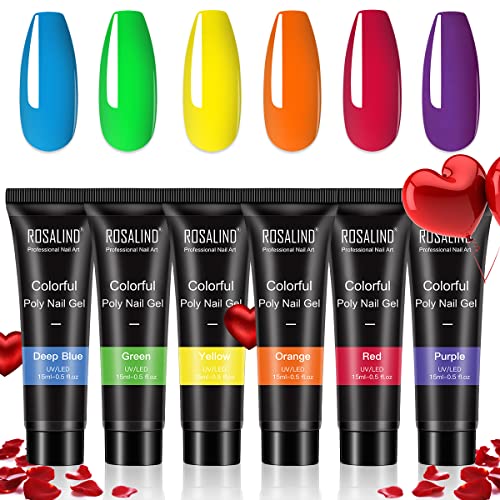 Poly Nail Gel Set, Poly Nail Gel Colors Rainbow Neon Nails, ROSALIND Poly Extension Gel of Art Design, Red Orange Yellow Green Purple Blue Poly Nail Gel Color Builder Salon DIY New Year Nail, 6Pcs15ml