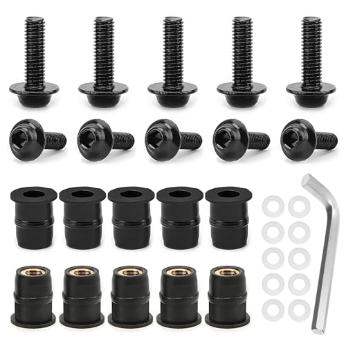 Fkewp 10 PCS Motorcycle Windshield Bolts Screws Kit, Aluminum Alloy Motorbike Fairing Screws Bolts Nuts with Wrench, Universal Mounting Fasteners for Motorcycle Windscreen Body Panels (Black)