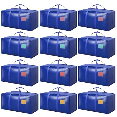 Image of 12 Pack Moving Bags with Full-Open Side Zipper, Extra Large 93L Heavy Duty Waterproof Foldable Storage Totes for College Dorm, Moving & Home Organization Blue