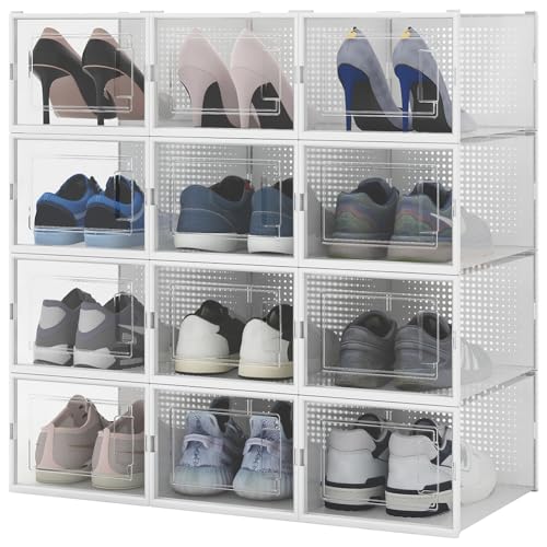 BAKAJI 12 x Scatole Portascarpe Impilabili in Plastica con Copechi, Assemblaggio Facile, Porta Scarpe Salvaspazio Trasparenti, Contenitori Box Organizer Portaoggetti, (Set 12 Pz, 35 x 25 x 19 cm)