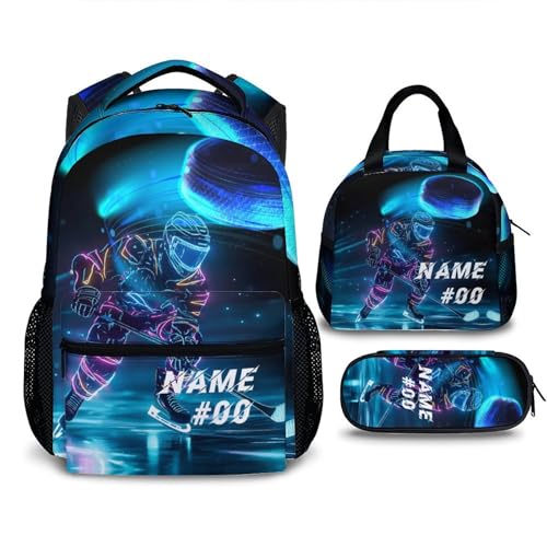 Kids Boys Backpack, Custom Hockey Backpacks, Cool Sports Backpack Lunch Box, Set of 3 Custom Ice Hockey Schoolbag for Boys Girls, 17 Inch Student Bookbag and Pencil Case Bundle for Travel School