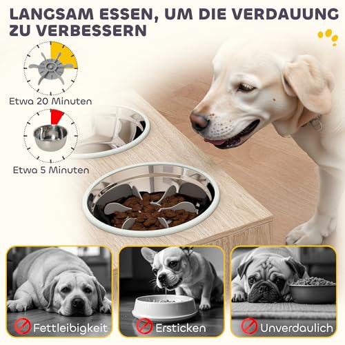 PawHut Hundenapf erhöht Futternapf mit Aufbewahrungsschrank, 2x2L Schüsseln mit Anti-Rutsch-Ringe, rutschfest Futterstation mit Langsamfutternapf für große Hunde Eiche