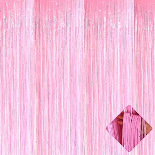 Image of 4 Pack 3.2Ft x 8.2Ft Pink Foil Fringe Curtain Backdrop, Metallic Tinsel Foil Fringe Streamers Curtains Background for Photo Booth, Birthday, Wedding, Halloween, Christmas Party Decoration