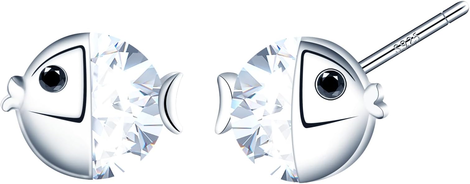 Zircon Sea Animals Stud Earrings Silver Women's Earrings Stud 925 Silver Earring Fish Kissing Earrings for Mum Best Friend Teenager Girls Sister Women Gift Birthday Gift
