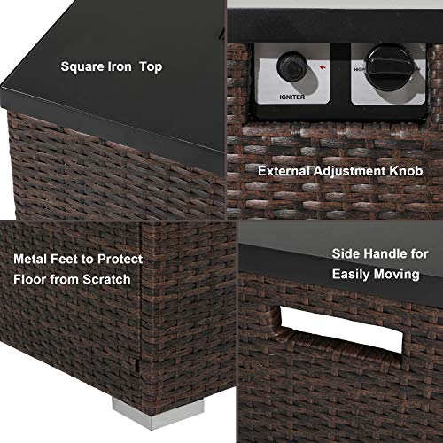 COSIEST-4-Piece-Propane-Fire-Pit-Outdoor-Furniture-Brown-Sofa-Set-Patio-Sectional-w-32-inch-Square-Wicker-Fire-Table-40000-BTU-Fits-20lb-Tank-Outside-w-Glass-Wind-Guard-for-Garden-Backyard