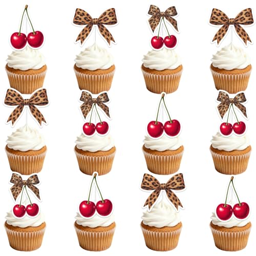 36Pcs Leopard Print Bow Cherry Cupcake Toppers Cheetah Cherry Party Decorations Coquette Cheetah Cherries Table Decor for Wild Baby Shower Birthday Bachelorette Bridal Shower Engagement Party Supplies