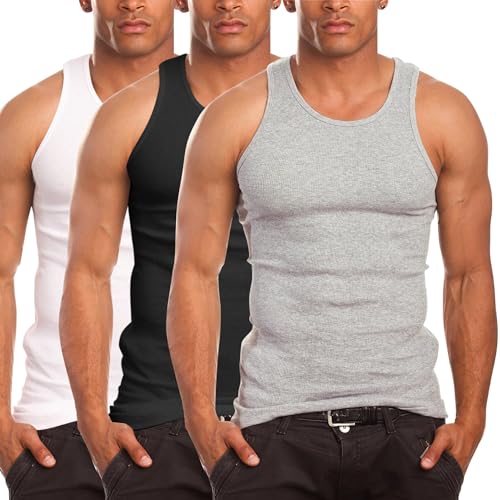 Mens A-Shirt Ribbed Tank Top, Cotton Undershirt, 3-Pack Shadow(Black, White and Grey)