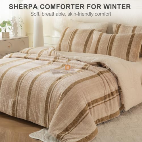 Image of Tufted Fleece Comforter Set King- Super Soft Warm Fluffy Shaggy Bedding Sets, Striped Jacquard Bed Set for Winter, 1 Sherpa Comforter with 2 Pillow Cases (104 inchX90 inch Khaki Striped)