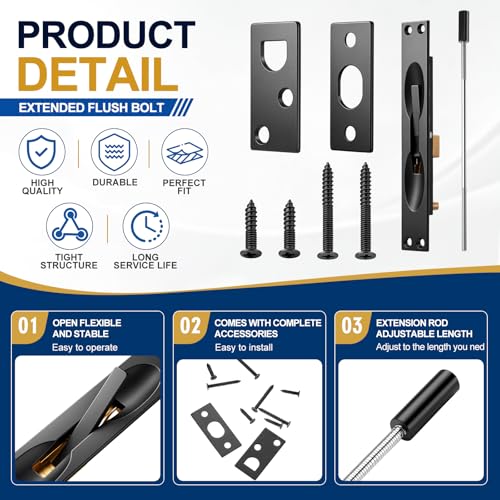Image of Blulu 2 Pcs Solid Brass Extension Flush Bolt with Rod 11-3 /4 Inch, 1 inch W x 6-3 /4 inch H Flush Bolt for Metal Hollow Doors & Wood Doors, Black