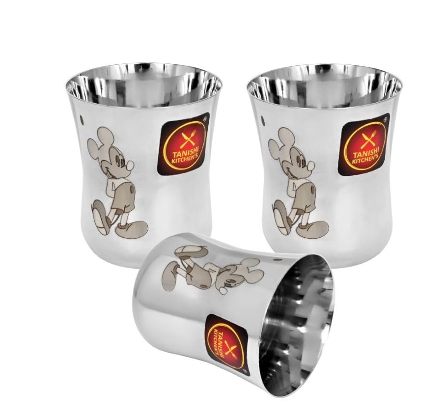 Image of TANISHI KITCHEN'S Stainless Steel Mickey Character Small Glass- Set of 3, 100ml Each | Safe & Fun Drinkware for Kids | Cartoon-Printed, Break-Resistant & Dishwasher Safe