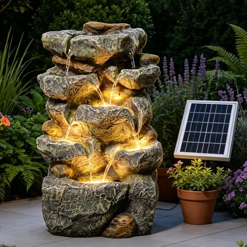KAISOKU Solar Water Fountain Outdoor Garden, 19.3 Inch Cascading Stone Design 5 Tier Rock Feature Outdoor Fountains Waterfalls with Light, Pump Solar Panel for Patio, Deck, Porch, Backyard Home Décor