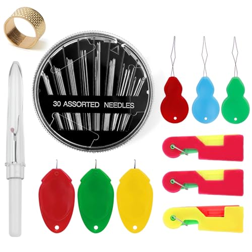 Dupoem Lot de 30 Aiguilles à Coudre de Haute Qualité, Aiguilles à Coudre à Disque avec 9 Enfile-Aiguilles, Aide à l'Enfilage et Dé à Coudre, Adaptées à Broderie et à Couture à Main (Noir)