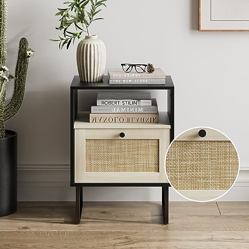Image of Masupu Boho Night Stand, Small Rattan Side Table, Wood Nightstand with Drawer and White Oak Shelf, Bedside Table, End Table for Bedroom,Living Room,Office (Black Frame)