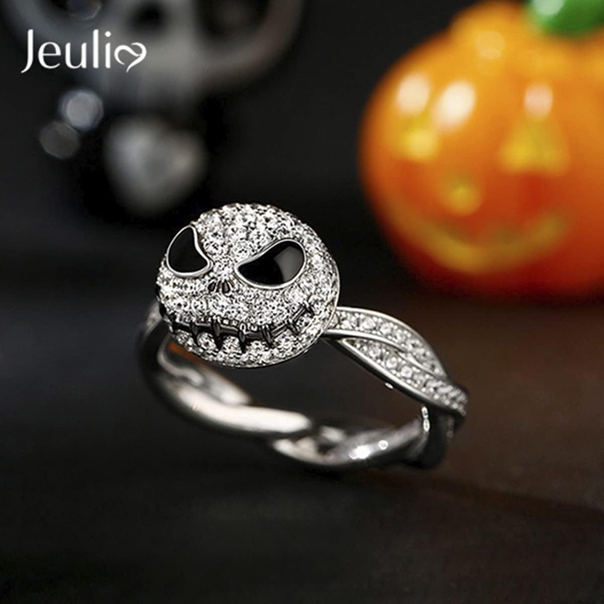 Jeulia Jack Rings Sterling Silver Rotating Skull Christmas Ring for Women Men Diamond Solitaire Engagement Ring Romantic Anniversary Engagement Jewelry Gifts - Image 6