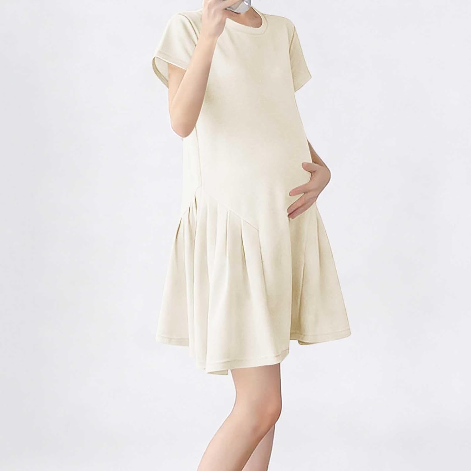 Oplxuo Maternity Mini Dress Short Sleeve Crewneck Pleated Baby Shower Pregnancy Dresses for Photoshoot Maternity Clothes