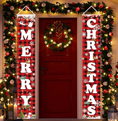 Fecedy MERRY CHRISTMAS Hanging Banner Porch Sign & Christmas Stree Snow Pattern Backdrop for Home Yard Indoor Outdoor Wall Door Party Decorations 72"x12"