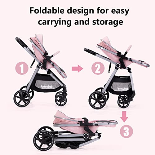 Lortsybab 2-in-1 Baby Stroller with Bassinet Mode - Folding Infant Newborn Pram Stroller with Reversible Seat - Toddler Strollers for 0-36 Months Old Babies (Pink)