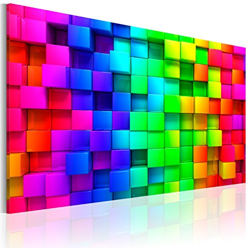 B&D XXL - Wandbilder XXL 3D Effekt 120x80 cm 1 tlg - Wand Deko Vlies Leinwand Bilder Groß Wanddeko Wohnzimmer Schlafzimmer Kunstdrucke - bunte Quadrate Würfel Illusion a-B-0004-b-a
