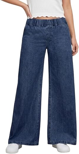 Girls Cotton Fabric High Waist Wide Leg Baggy Fit Full Length Jeans