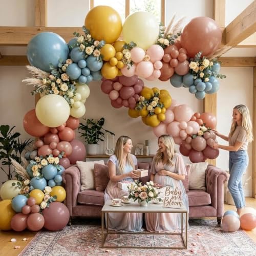 Image of Pink Blue Yellow Balloon Garland Double Stuffed Dusty Blue Pink Balloons
