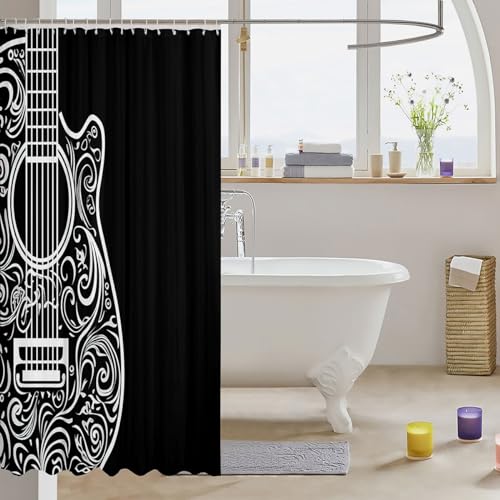 Image of Guitar Bath Curtain Music Themed Guitar Shower Curtain Guitar Instruments Print Bathroom Shower Curtain Set for Stalls Bathtubs Room Decor Stylish Black White Waterproof Bathroom Curtains 72x78 Inch
