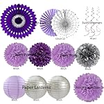 Purple Silver Birthday Party Decorations Kit with Happy Birthday Banner, Paper Lanterns, Streamers, Tissue Pom Poms, Honeycomb Flower Fans, Silver and Purple Balloons, & More for Women Girls' Party - Image 2