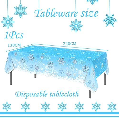 Blue and White Snowflake Tablecloth for Christmas Party,130*220cm Christmas Frozen Winter Snowflakes Table Cover Disposable Plastic Table Cloth for Winter Holiday Xmas Frozen Party Supplies Decoration