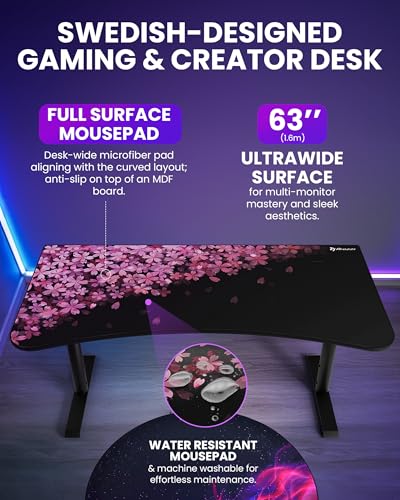 Image of Arozzi Arena Special Edition Ultrawide Curved Gaming and Office Desk with Full Surface Water Resistant Desk Mat Custom Monitor Mount Cable Management Cut Outs - Flower