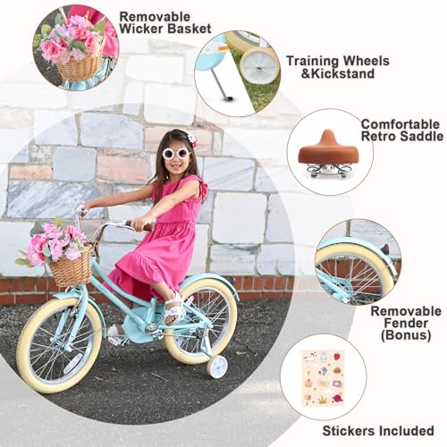 Image of Glerc Little Molly 12-20 Inch Kids Retro Cruiser Bike for 2-13 Year Old with Wicker Basket & Training Wheels /Kickstand, Multiple Colors