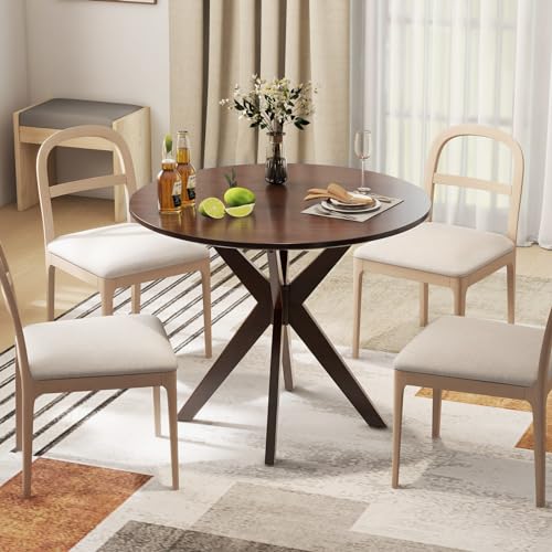 Moccha 36" Round Dining Table for 4 - Rubber Wood Kitchen Table with Intersecting Trestle Legs, Vintage Bar Table, Farmhouse Dining Room Tables for Dinette, Small Space, Restaurant, Bistro (Walnut)