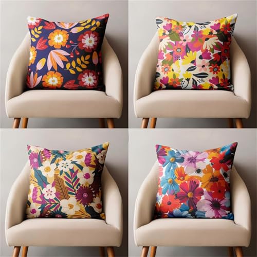 Fundas de Cojín 55x55 cm Juego de 4 Flores Naranjo Fundas de Cojines de Lino Decorativas Azul Blanco Funda de Almohada Cuadrado Moderna Decoración Funda Cojin Sofa para Coche Estar Sillas Jardin
