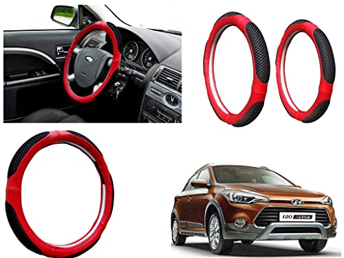 Image of Microfiber Car Steering Wheel Cover, Soft Padding Great Hand Feel, Anti-Slip, Faux Leather Steering Cover for Hyundai I20 Active | Black Red Jali - Pack of 1