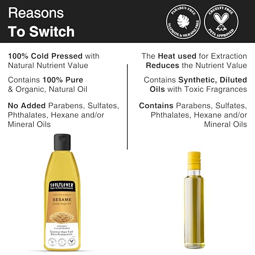 Image of Soulflower Organic Sesame Oil for Hair Growth, Reduce Hair Fall, Moisturuzer, Prevents Dandruff, 100% Pure, Ecocert Organic Certified, Natural, No Mineral Oil & Preservatives, 225ml (Pack of 2)