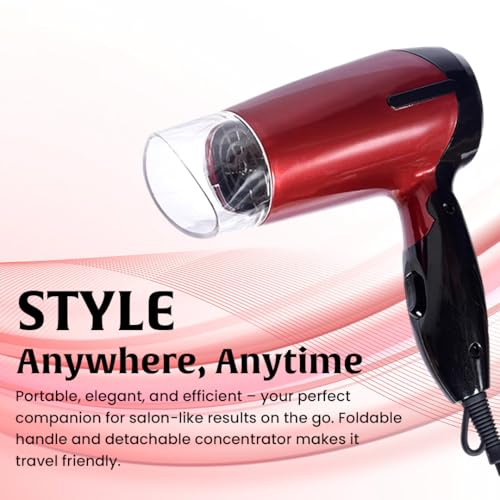 Image of GUSTTO Foldable Hair Dryer 1100W | Compact Travel-Friendly Hair Dryer with Foldable Handle, Hanging Ring, 2 Heat & Speed Settings, Lightweight & Portable (Wine Red), BIS Certified